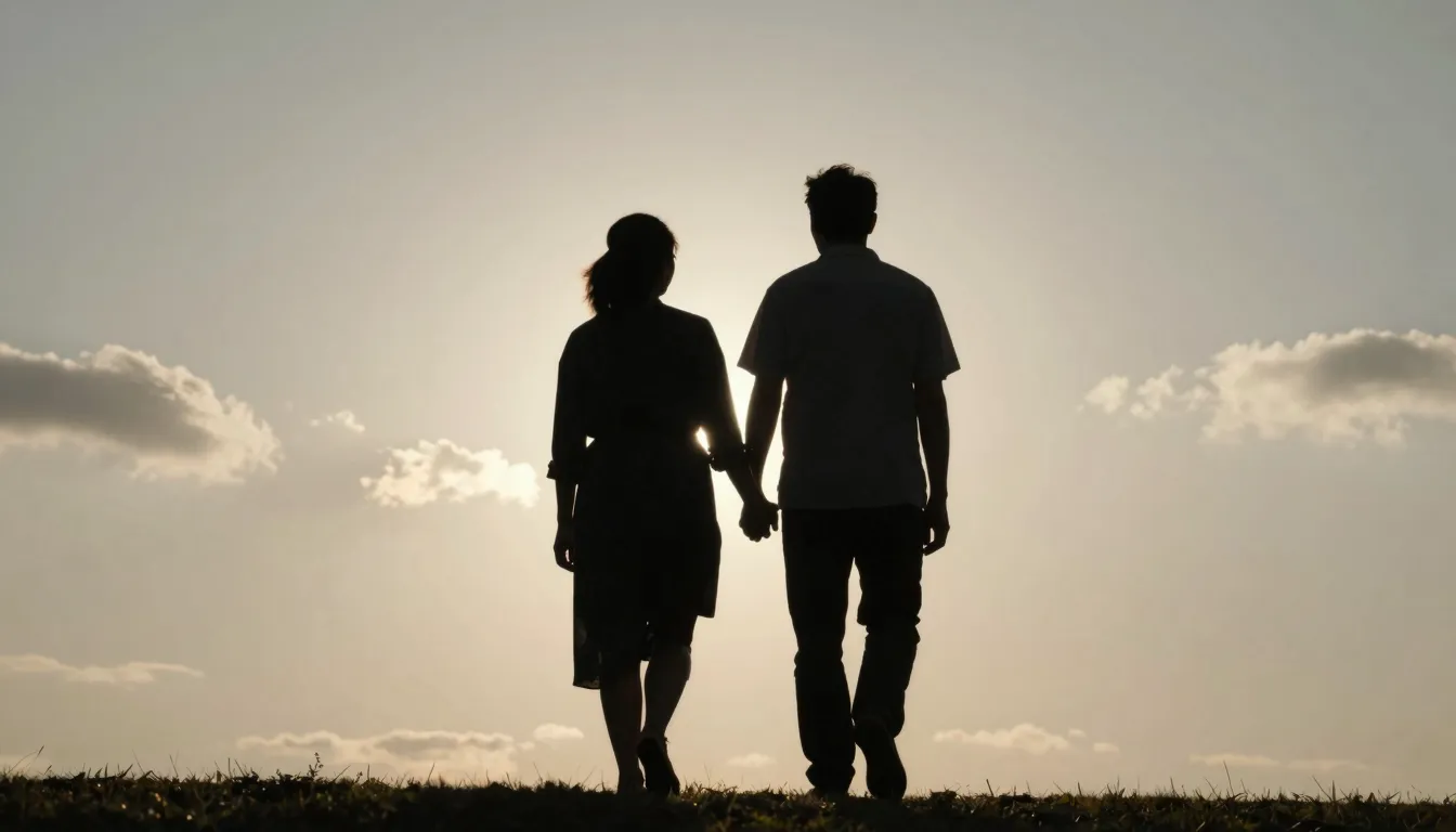 A silhouette of a father and mother walking hand in hand int...