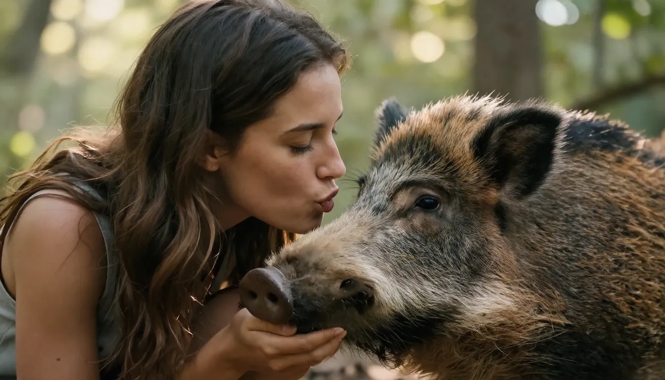 Cinematic close-up, a beautiful young woman gently kissing t...