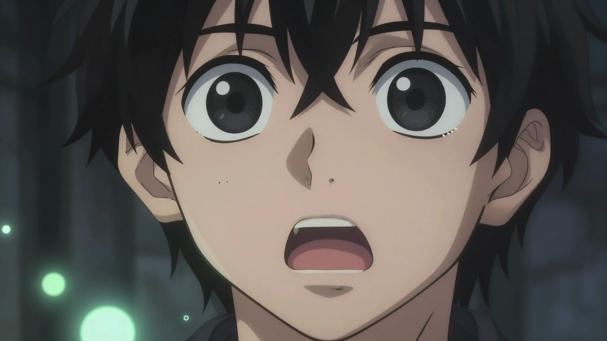 Close-up anime shot of a boy with completely black eyes, mou...