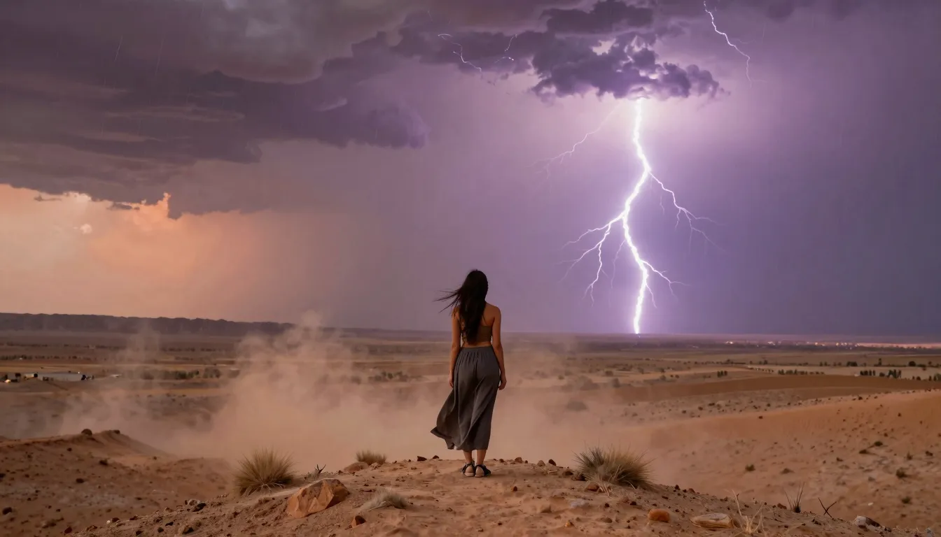 A woman standing as a guardian on a desert ridge, vast arid ...