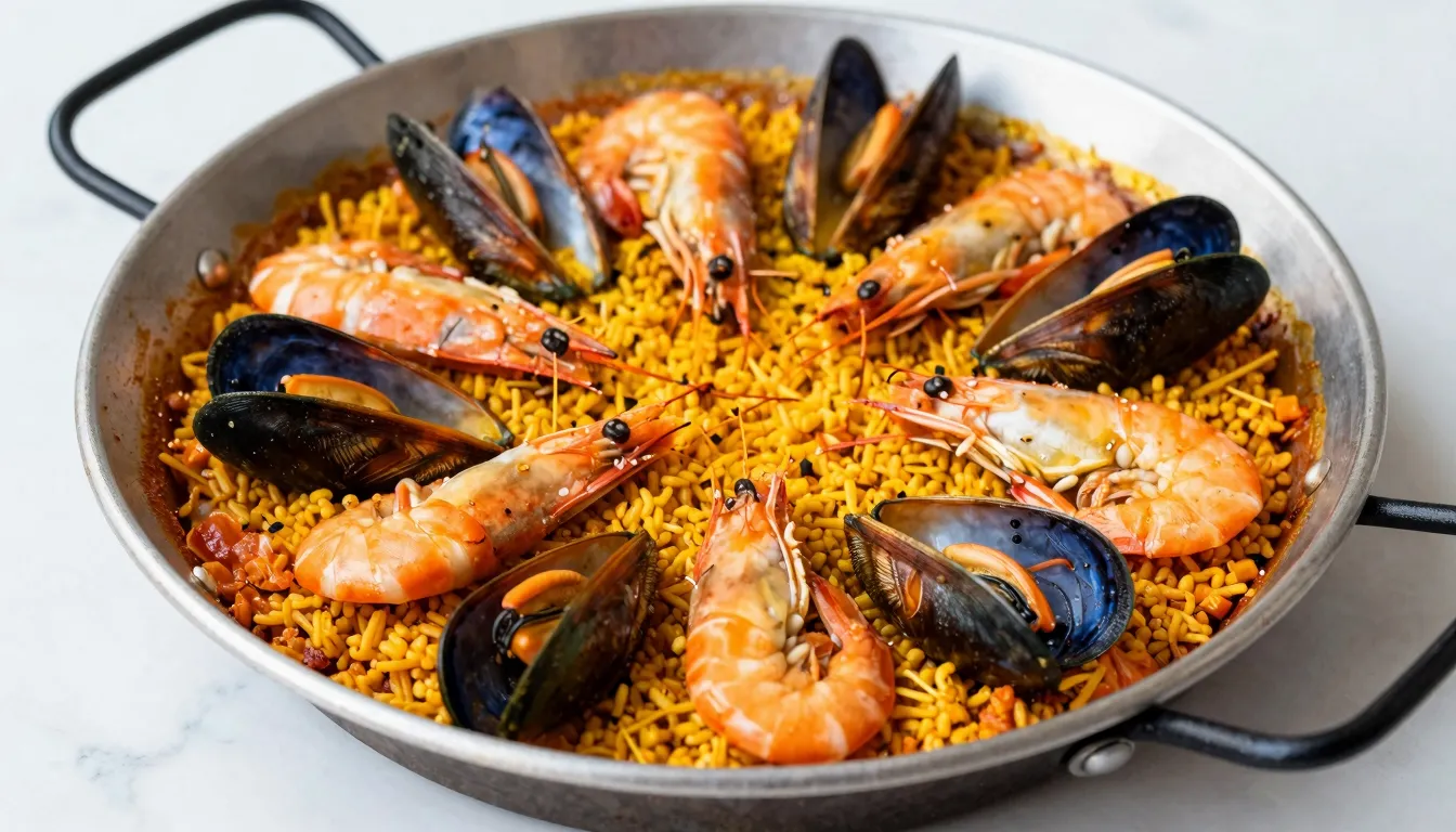 Close up of a delicious traditional Spanish paella with seaf...