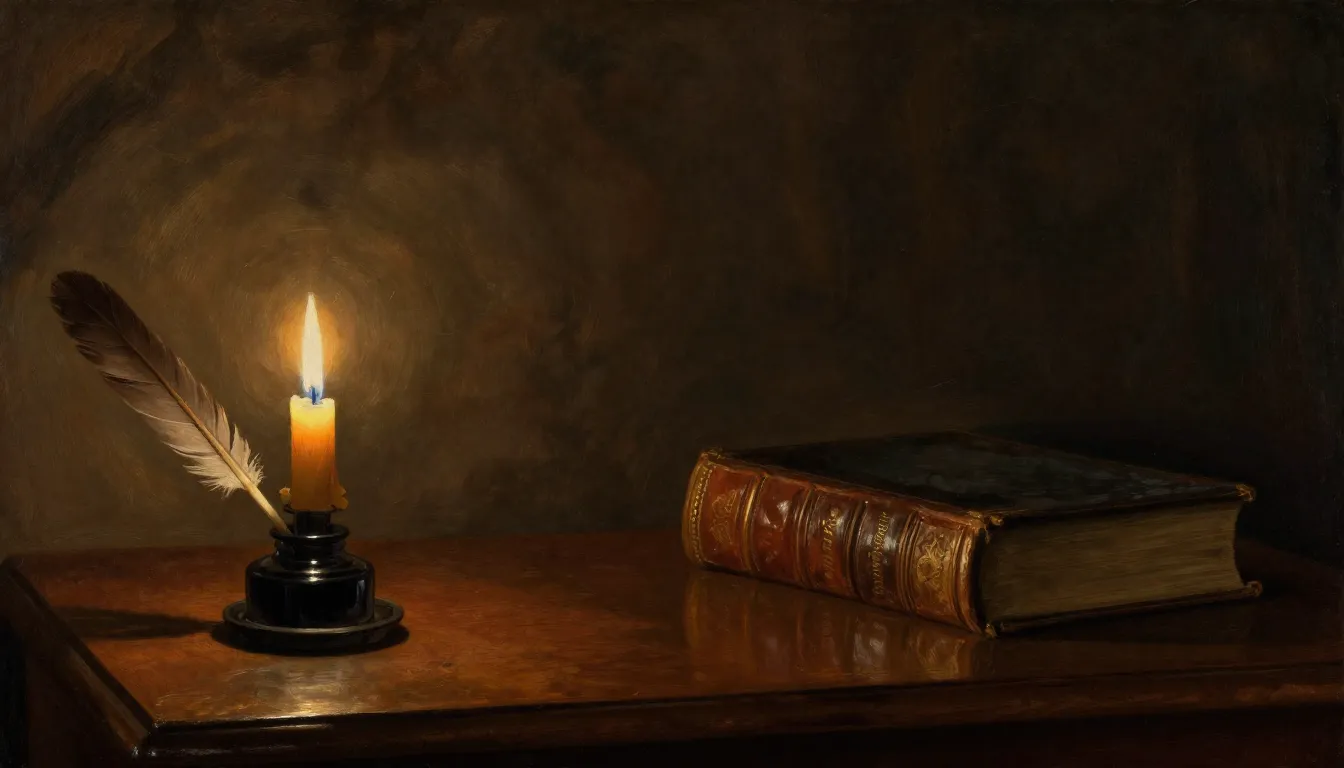 A 19th-century poet's study at night, a flickering candle on...