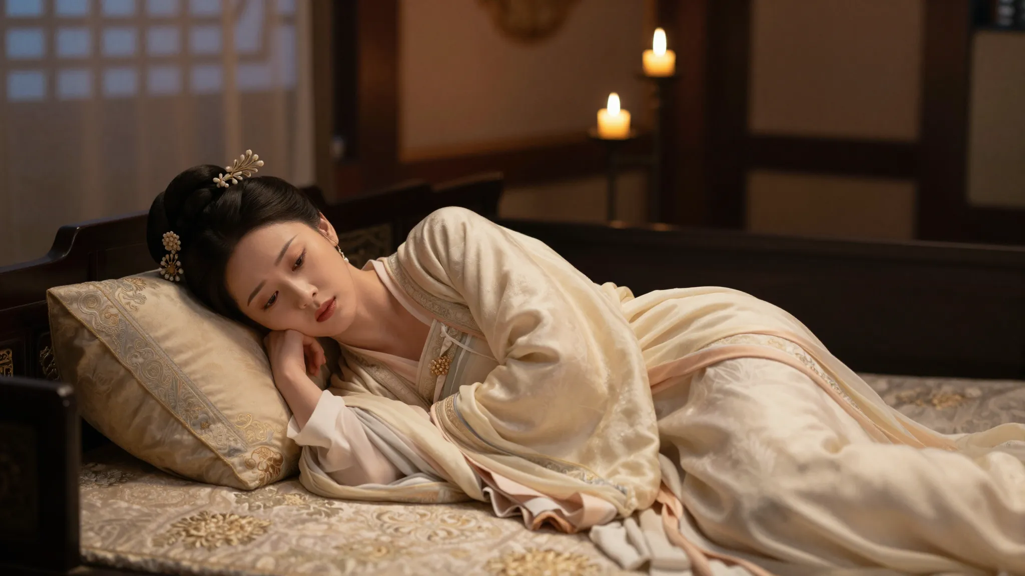 A beautiful Chinese noblewoman lying exhausted on a luxuriou...