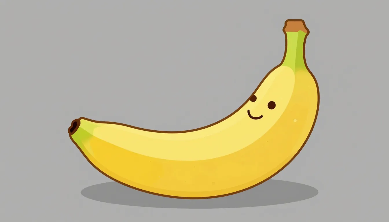 Funny cartoon style illustration of a curved yellow banana w...