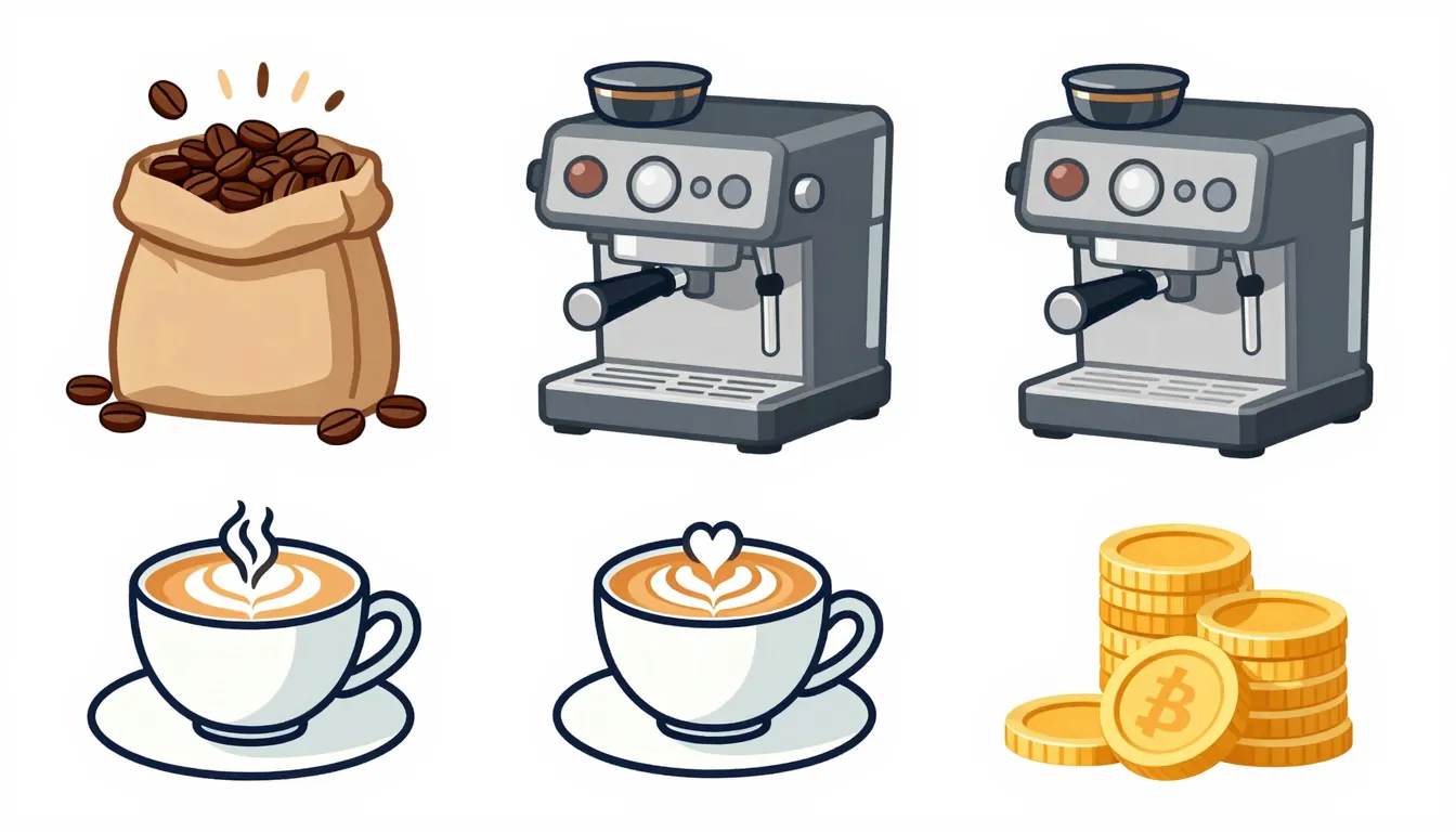 A collection of game icons for a coffee tycoon game: a bag o...