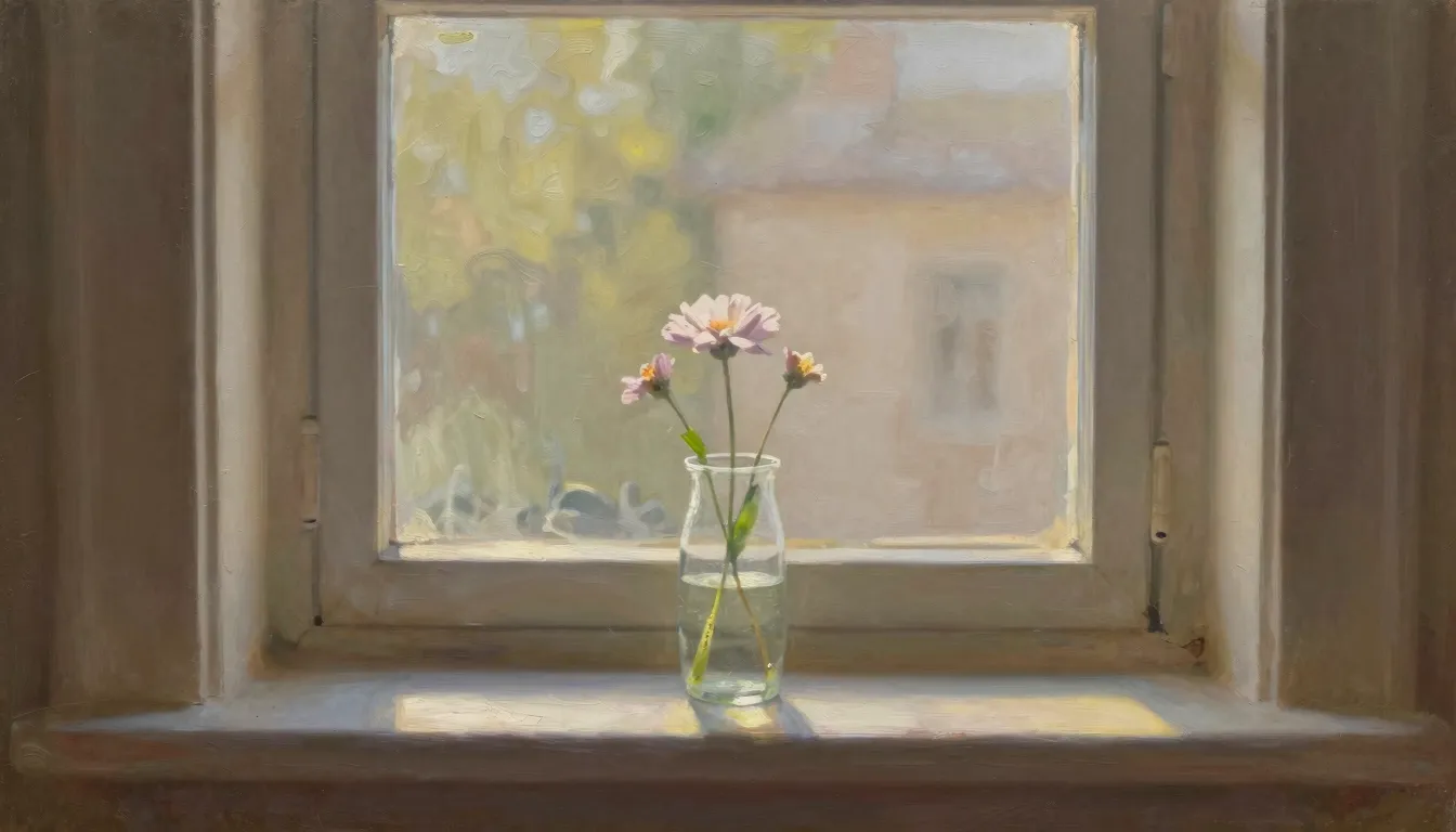 A nostalgic and warm scene of a sunlit window with a small f...