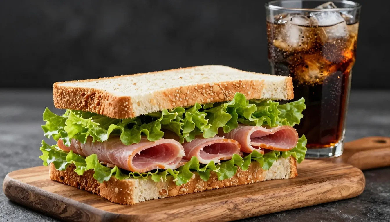 A delicious sandwich with fresh lettuce and ham on a wooden ...