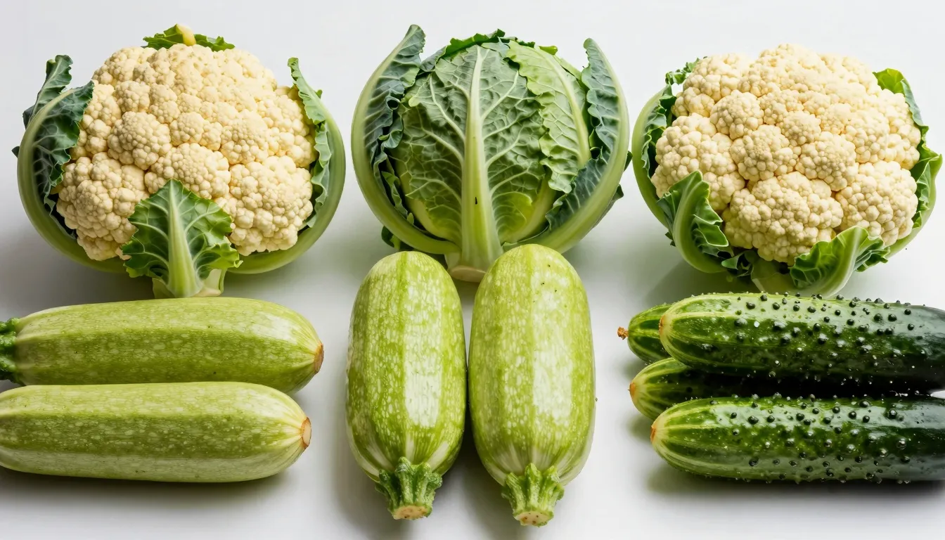 A variety of fresh vegetables like cauliflower, zucchini, an...