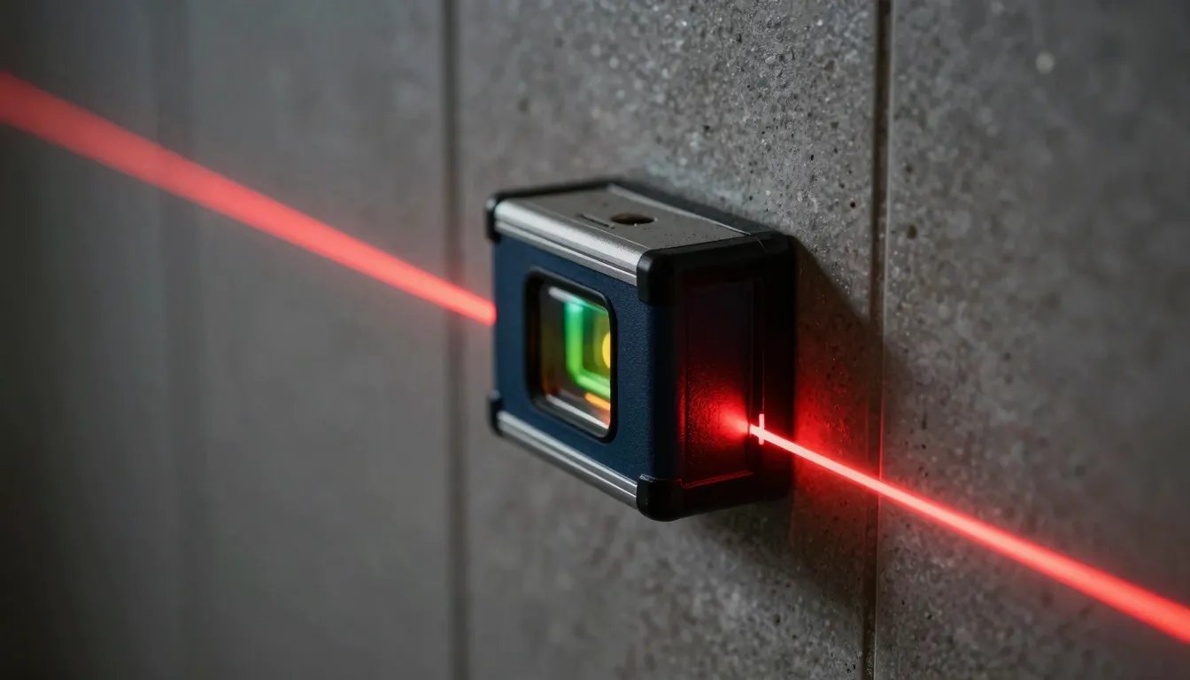 Macro shot of a laser level line on a tiled wall, glowing re...