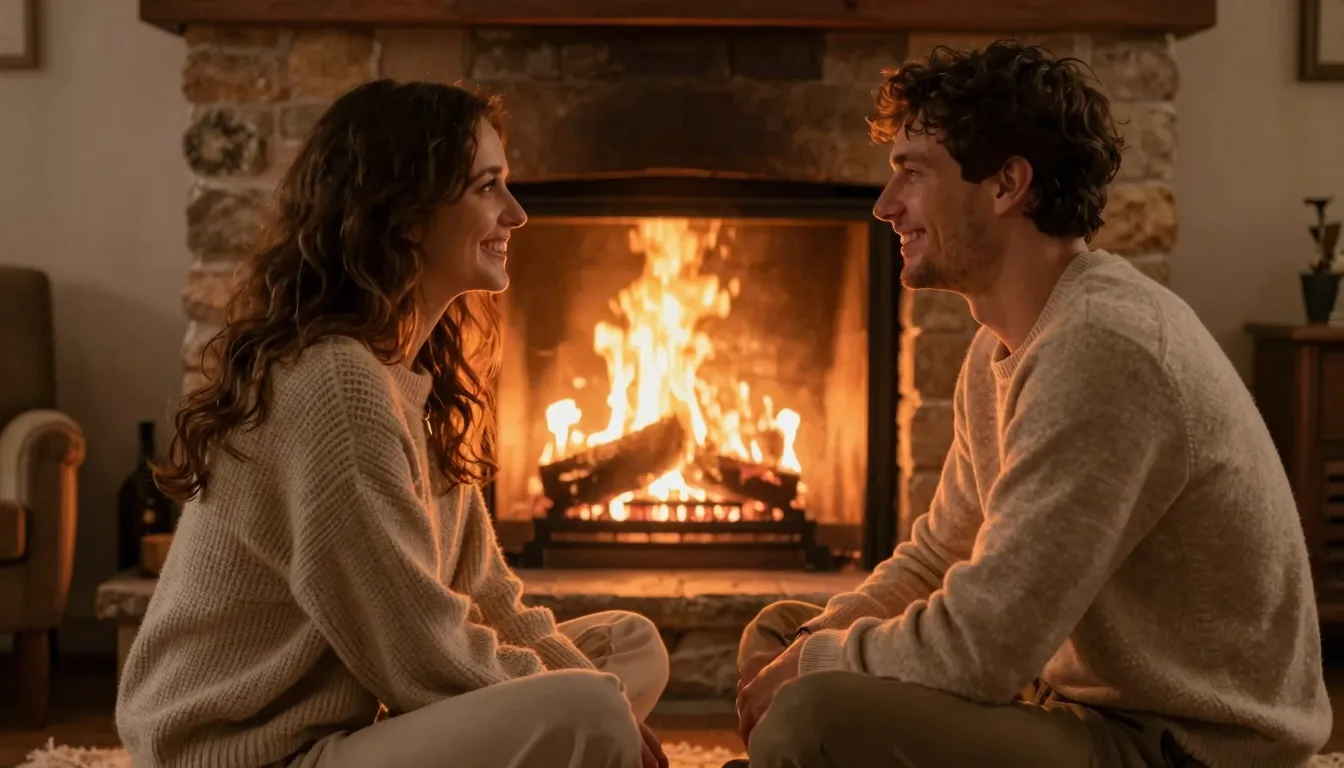 A warm and cozy scene of a happy couple sitting by a firepla...