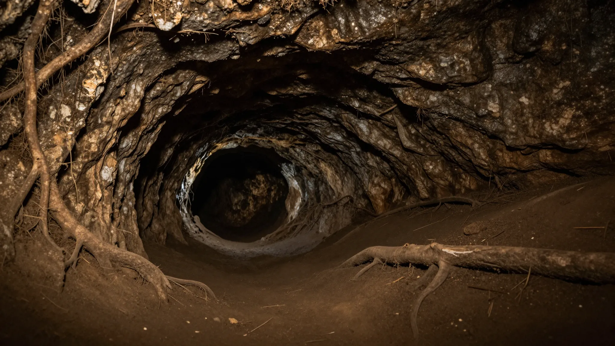 Dark underground cave, mysterious rabbit hole leading into a...