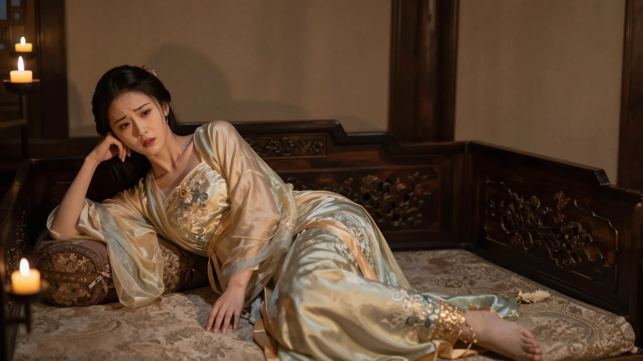 A young Chinese noblewoman in a lavish silk dress lying on a...
