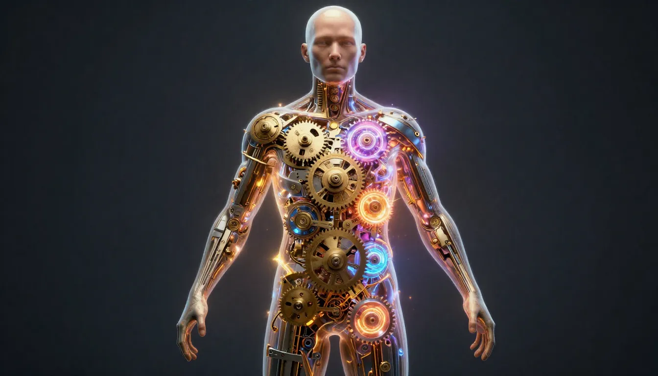 A conceptual illustration of a human body as a complex clock...