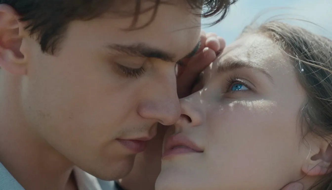 Cinematic romantic close-up of a couple in a tender embrace,...