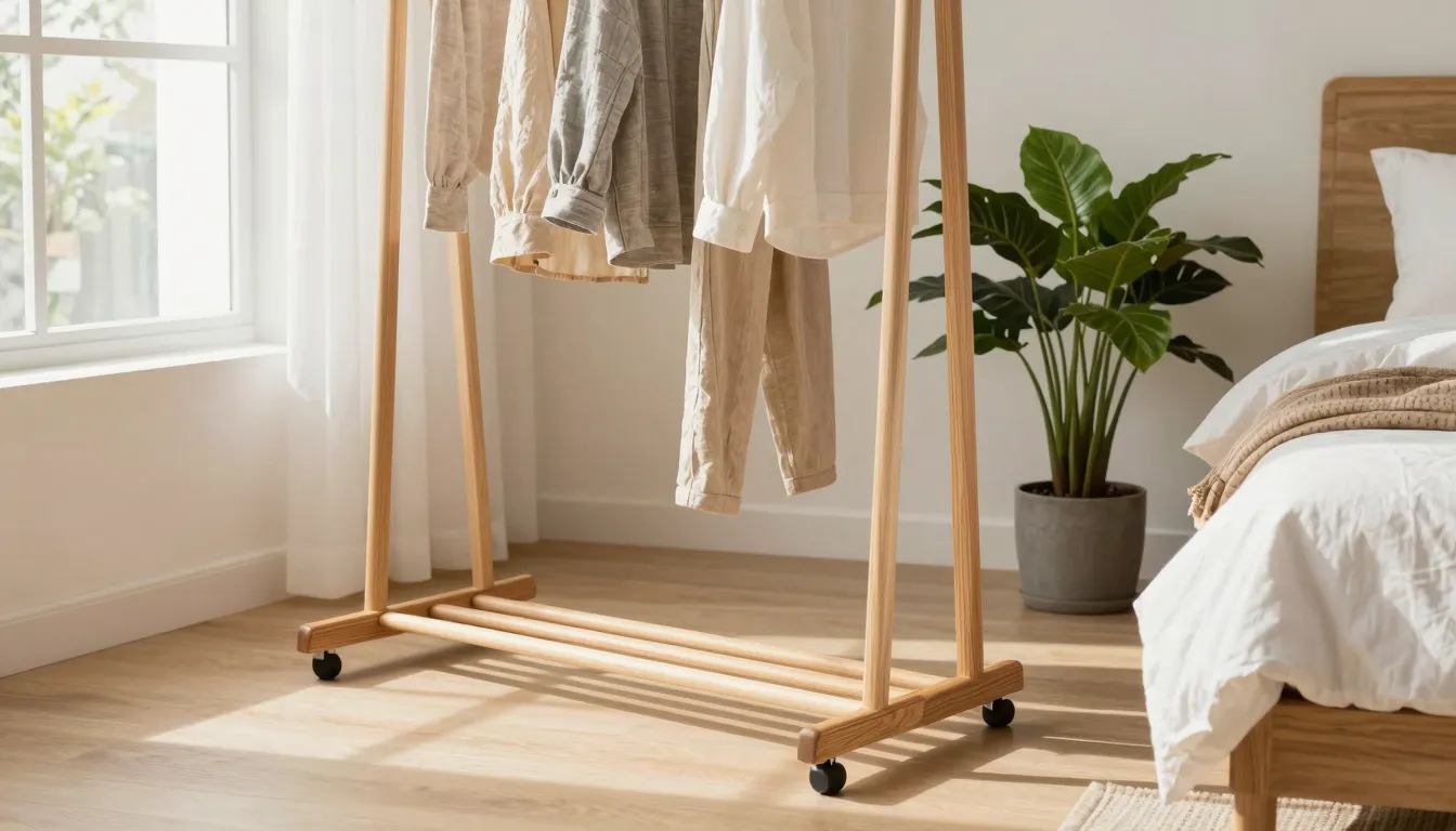 Lifestyle shot of a pine wood floor hanger in a bright moder...