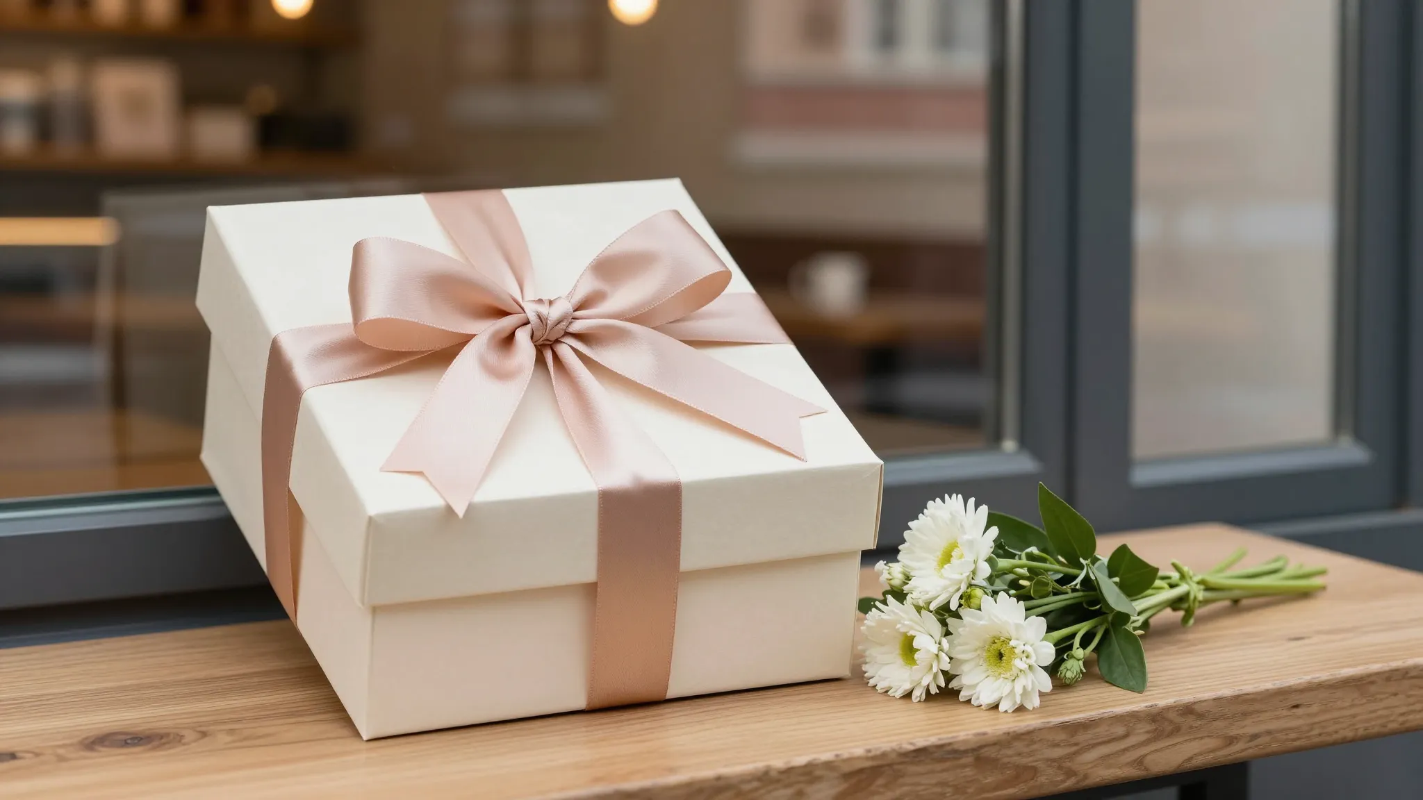 A stylish gift box with a silk ribbon and a small bouquet of...