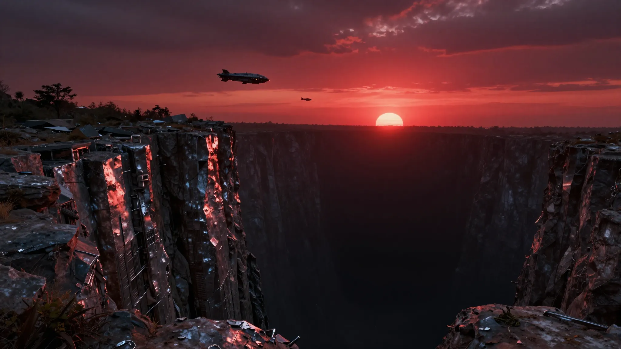Surreal landscape of a massive metal cliff overlooking a bla...