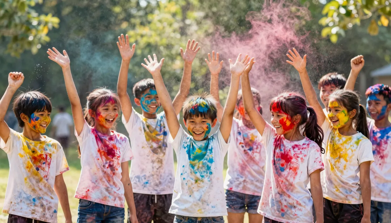 A group of happy children and teenagers celebrating at a sum...