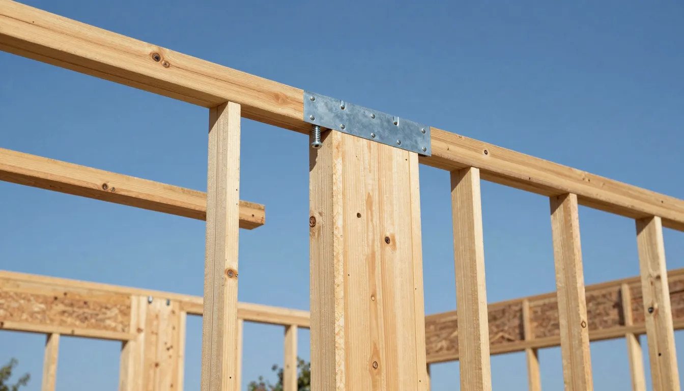 A modern wooden frame house under construction, focus on met...