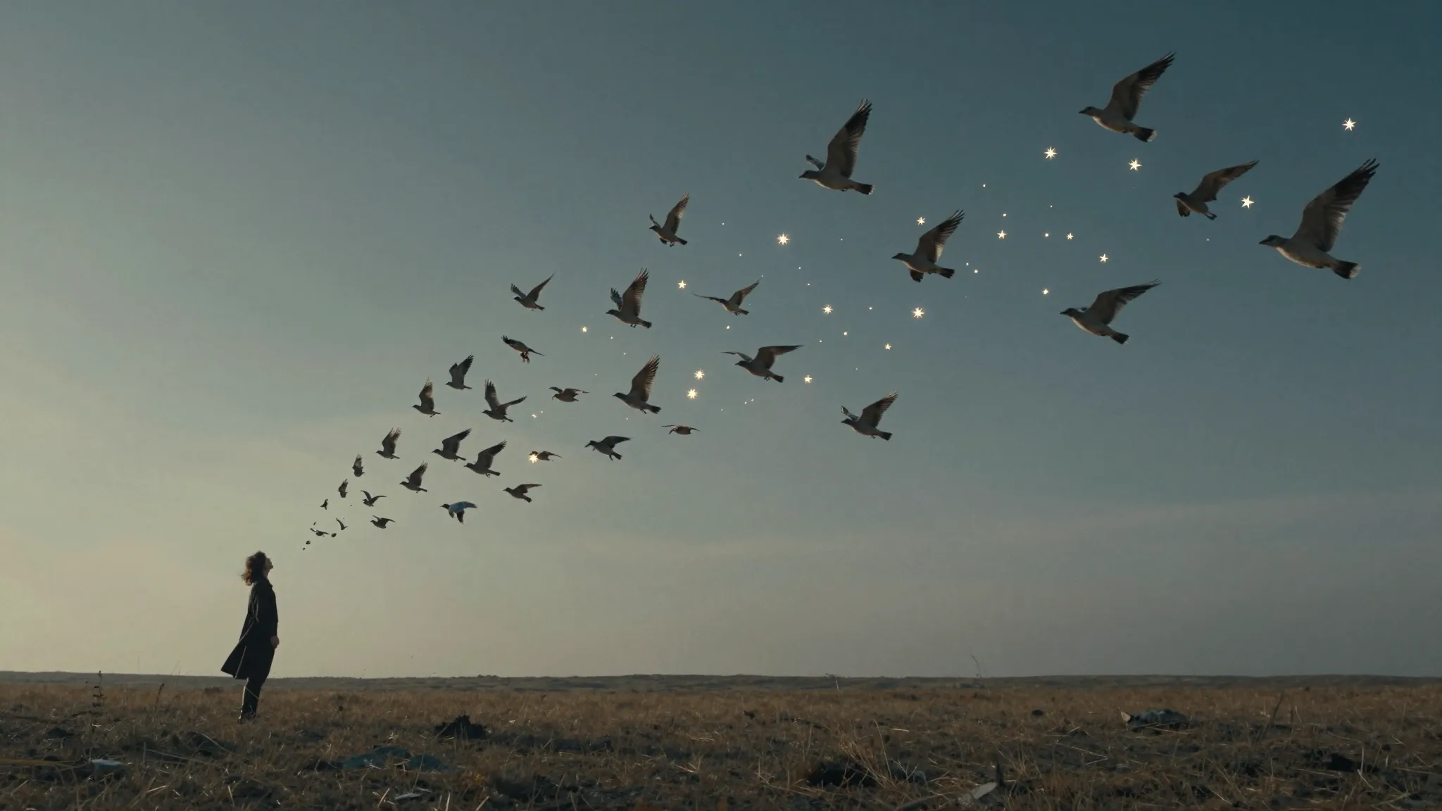 A surreal and mystical landscape where a person is dissolvin...