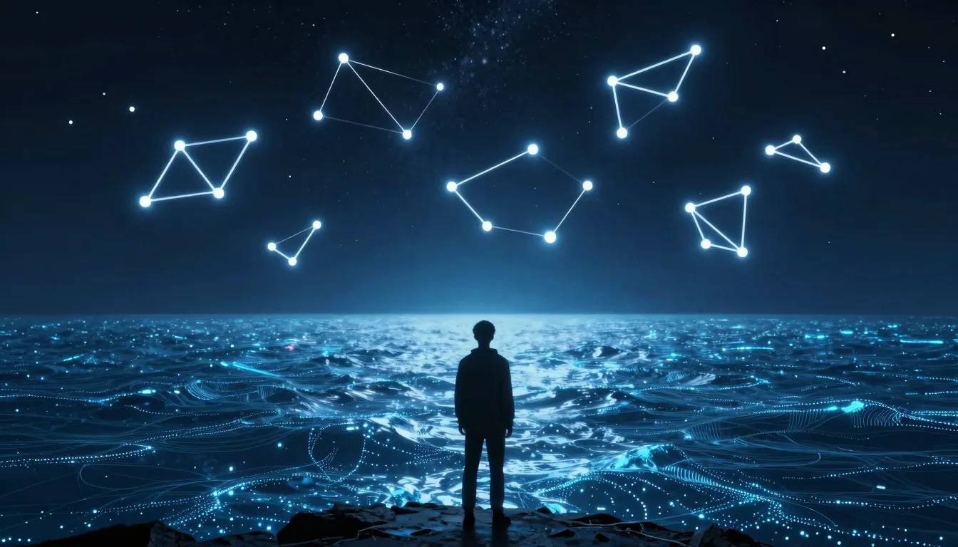 A person standing at the edge of a vast, glowing digital oce...