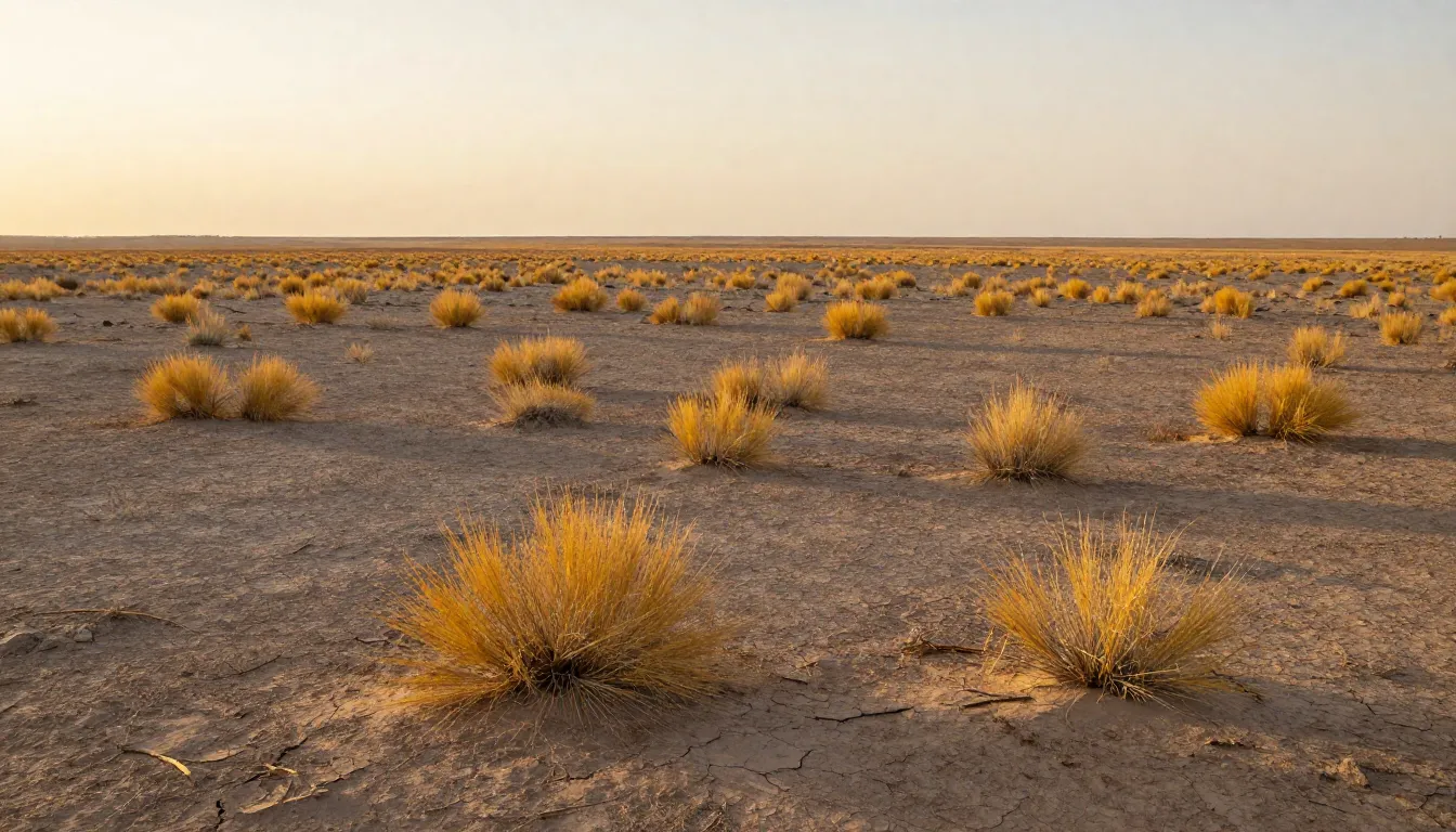 A flat semi-desert plateau resembling a dry steppe, sparse y...