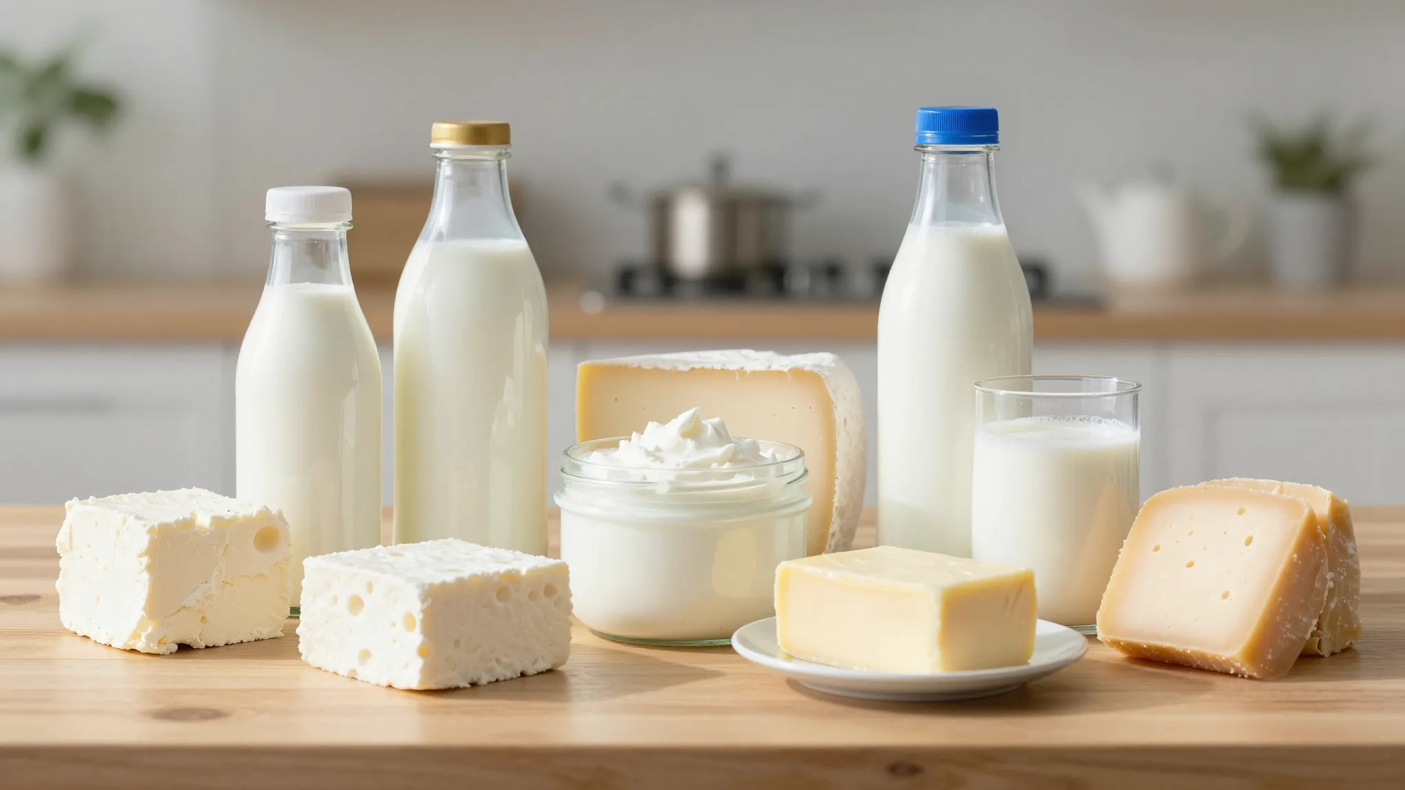 A variety of fresh dairy products like milk bottles, cheese ...