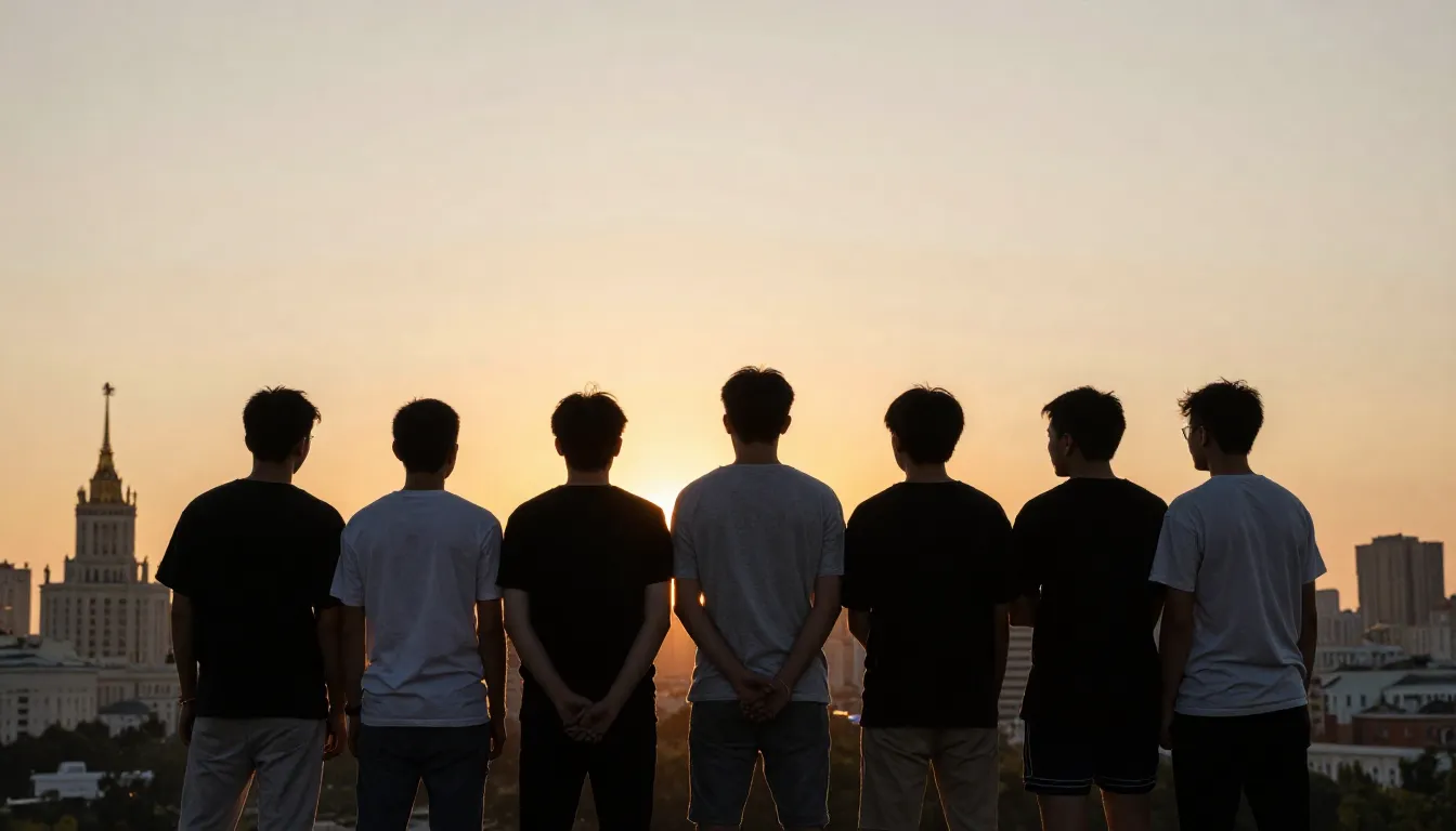 A high-quality image of a group of friends silhouettes stand...