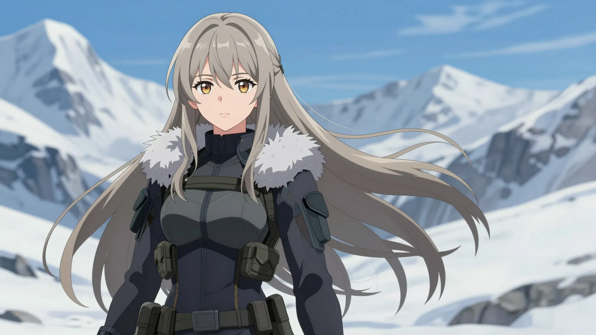 Nordic anime woman with long straight ash-blonde hair, weari...