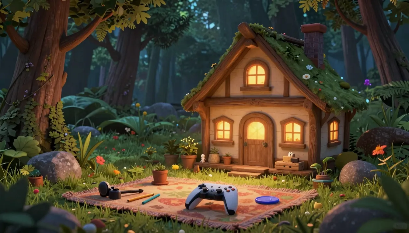 A cozy magical forest clearing with a small wooden house, wa...