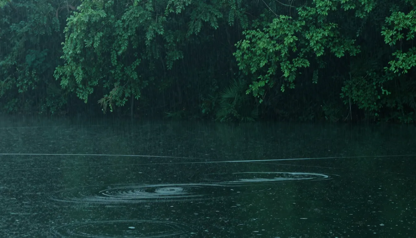 Atmospheric view of a dark forest lake during light rain, mu...