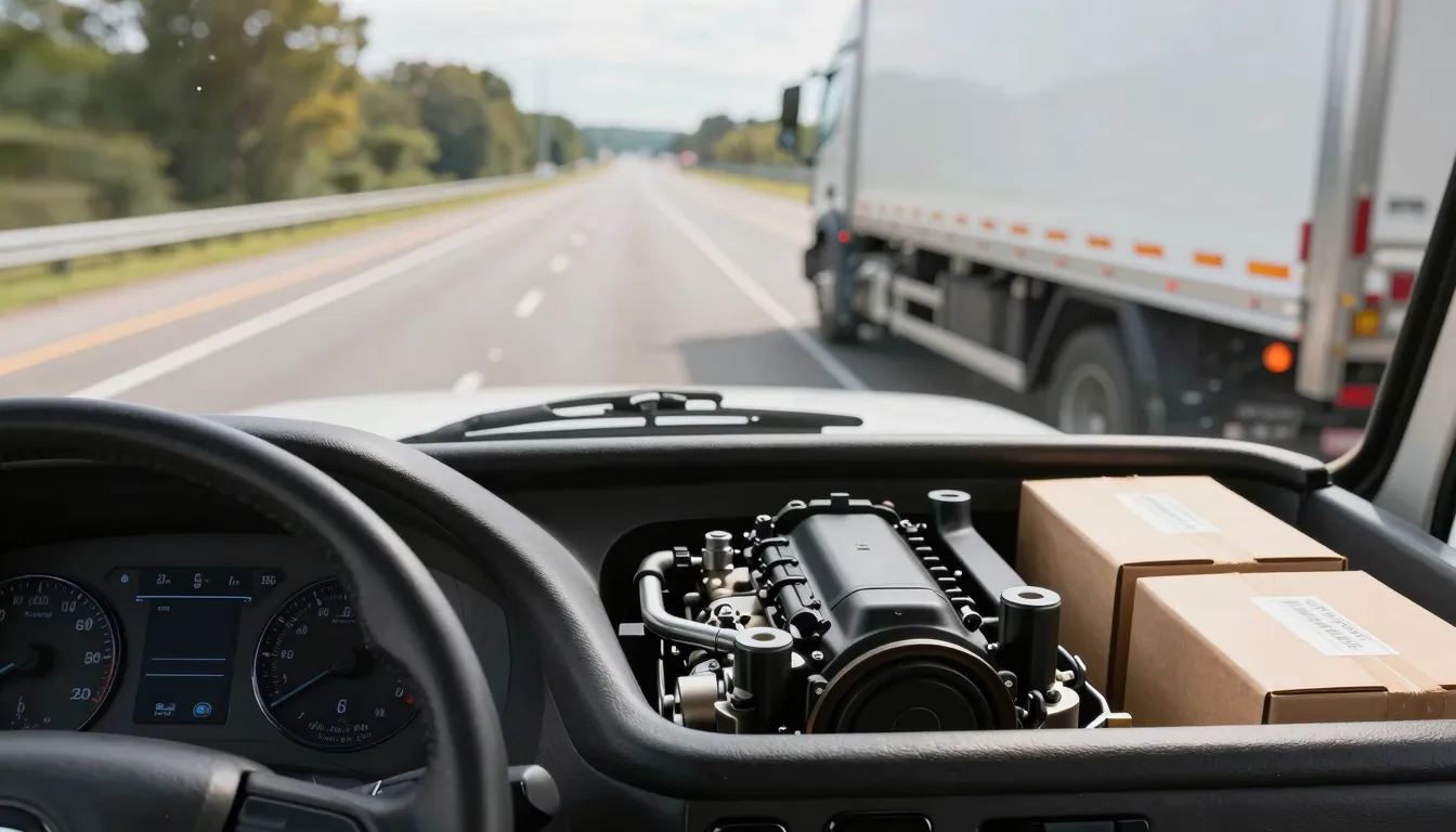 Close up of a delivery truck dashboard with a blurred road a...