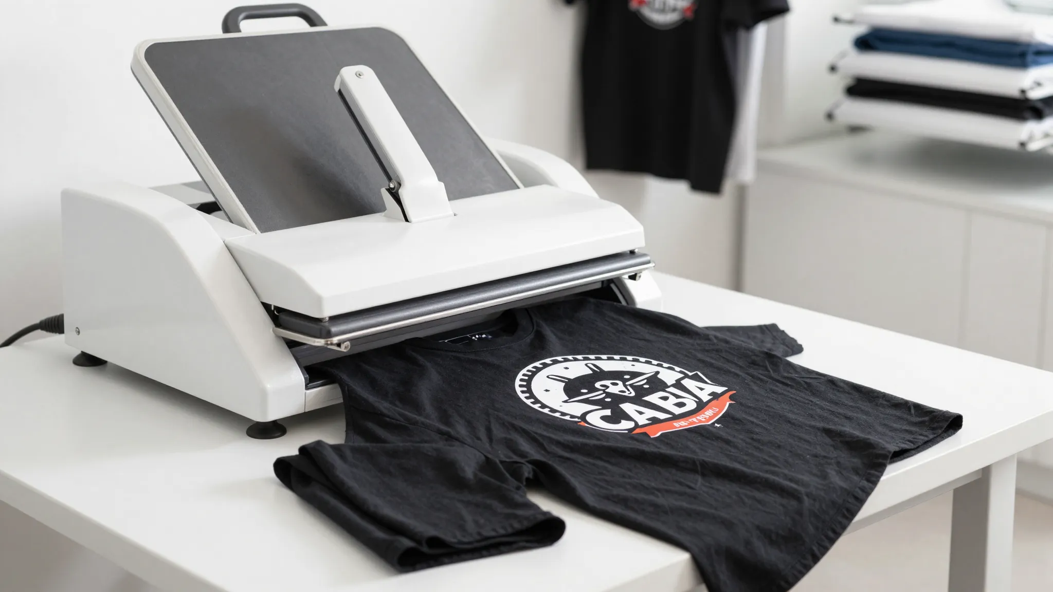 A modern heat press machine printing a graphic design on a b...
