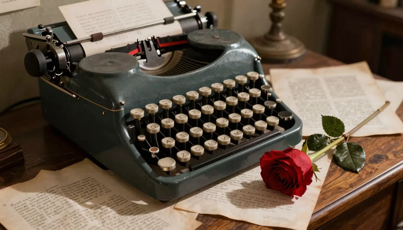 A vintage typewriter on a wooden desk, a single red rose lyi...