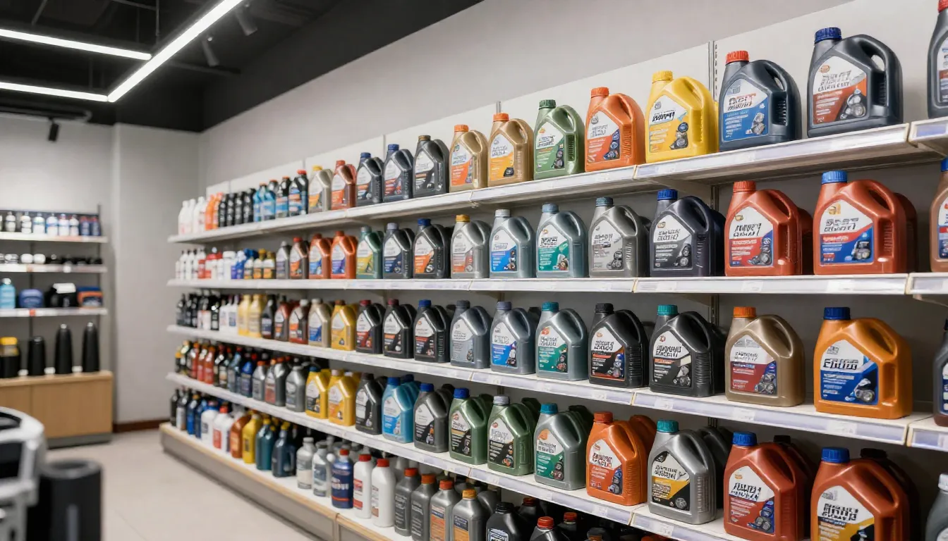 A shelf in a modern auto parts store filled with various col...