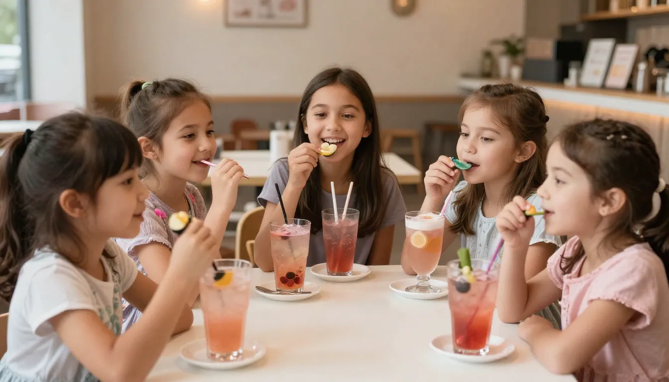 A group of adorable little girls sitting at a table in a caf...