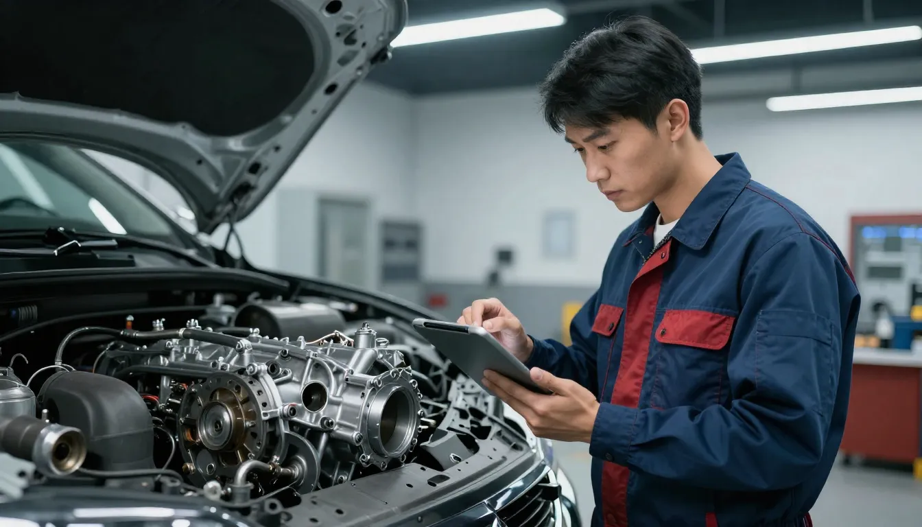 Professional mechanic inspecting a car transmission with a t...