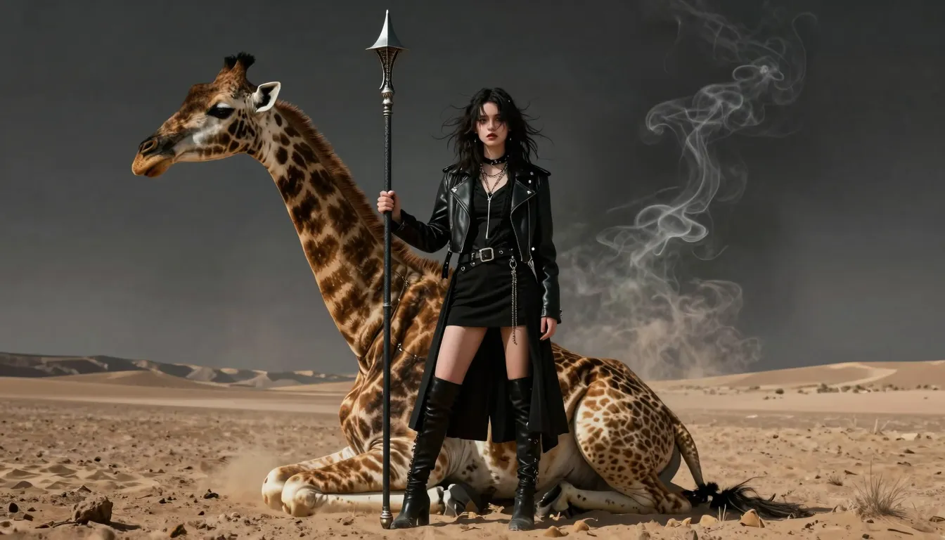 Surreal metal album art, desert background, a stylish emo gi...