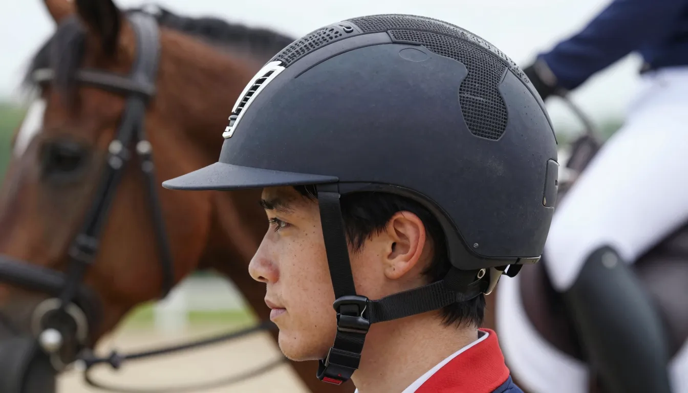 A close-up shot of a modern, well-fitting equestrian helmet ...