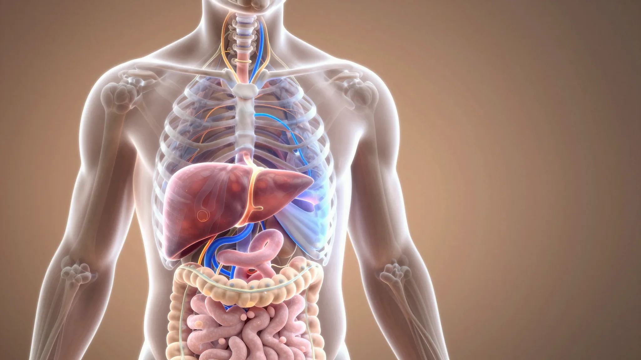 Conceptual medical illustration of a human silhouette with g...