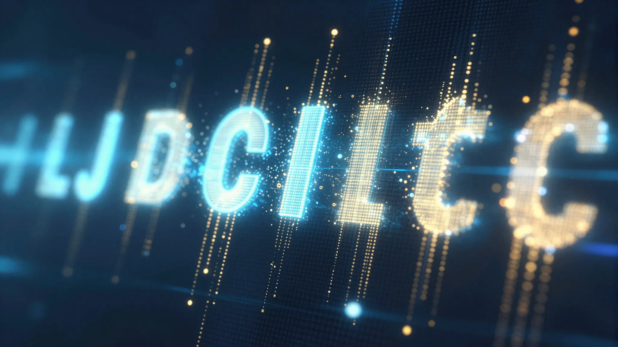 Digital screen showing a glowing text animation process, par...