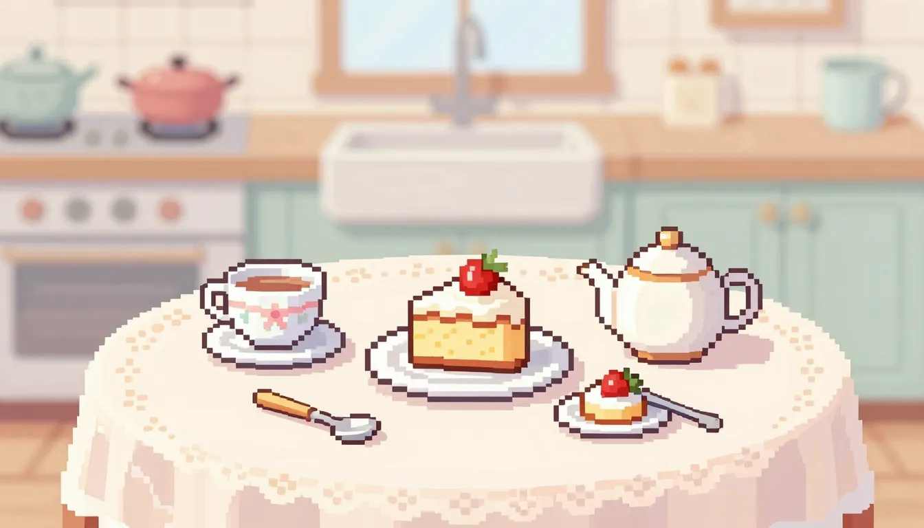 Pixel art game background, kitchen table zone for desserts, ...
