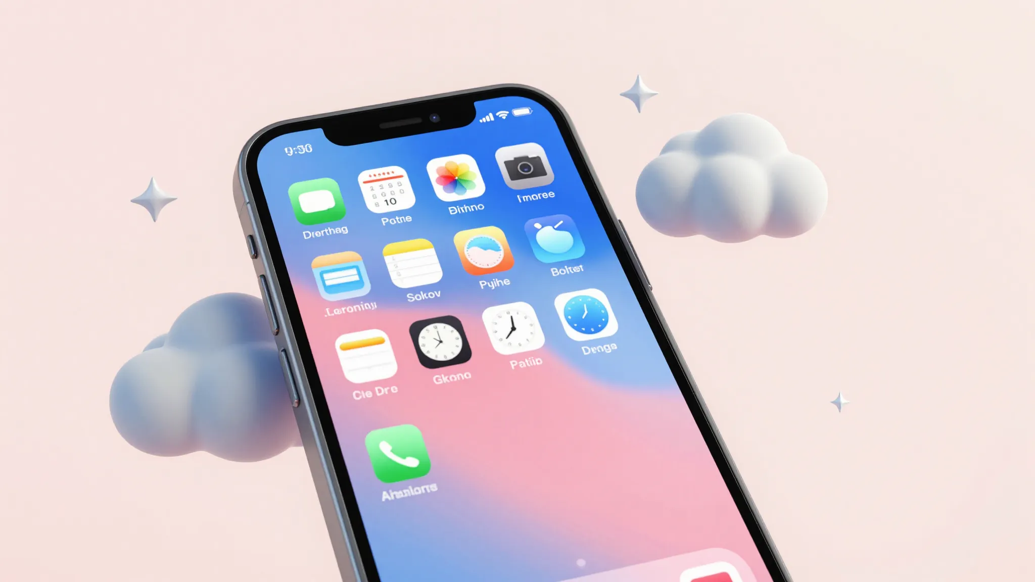 A high-quality 3D render of an iPhone screen showing colorfu...