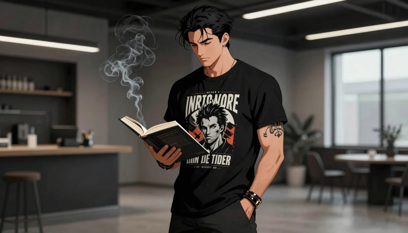 Full body 2D digital illustration, man in black graphic t-sh...