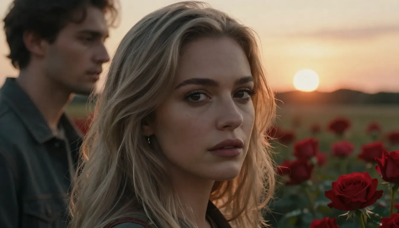 Cinematic close-up of a beautiful woman with light ash-blond...