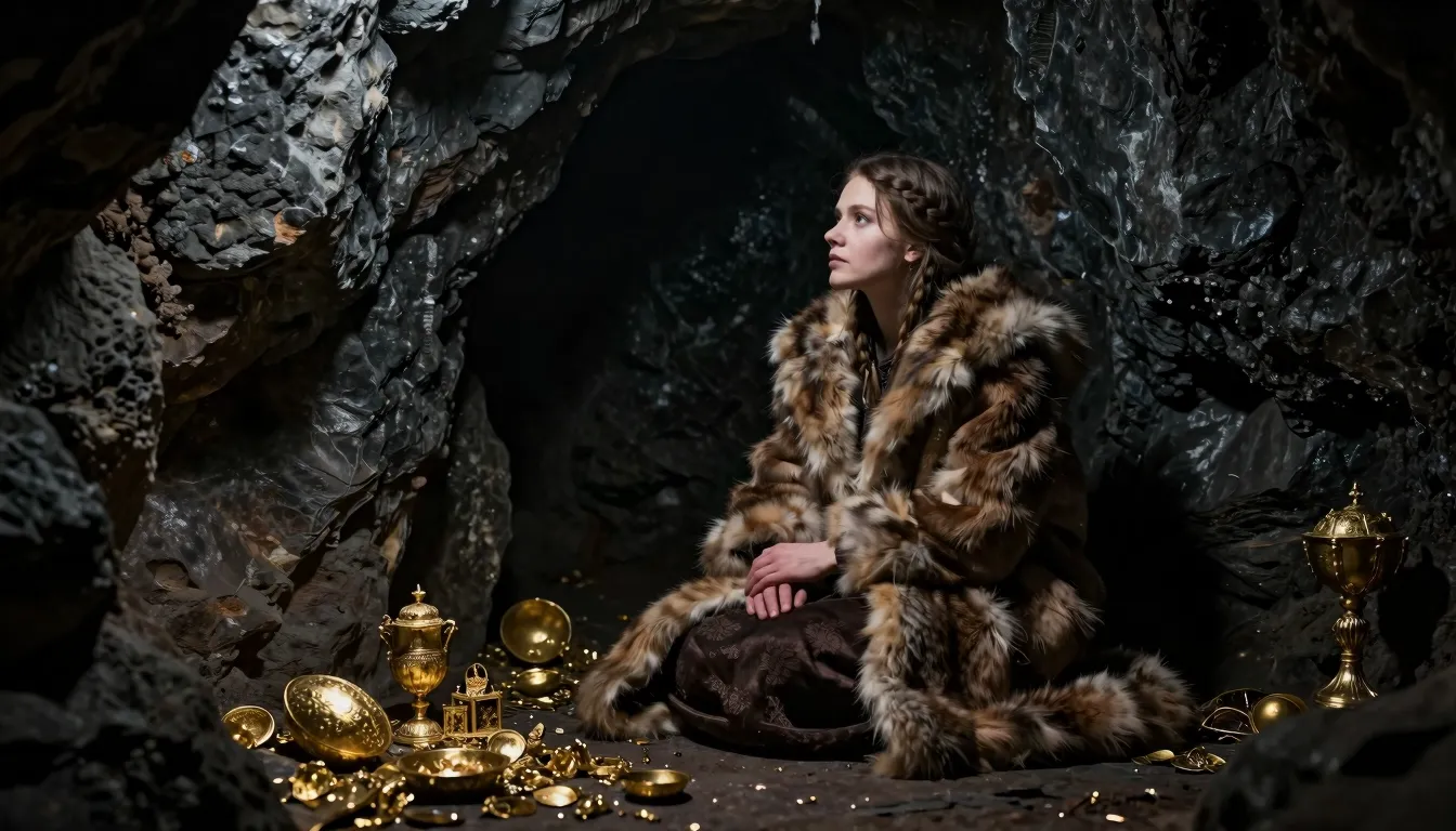 A dark, claustrophobic cave filled with treasures and gold. ...