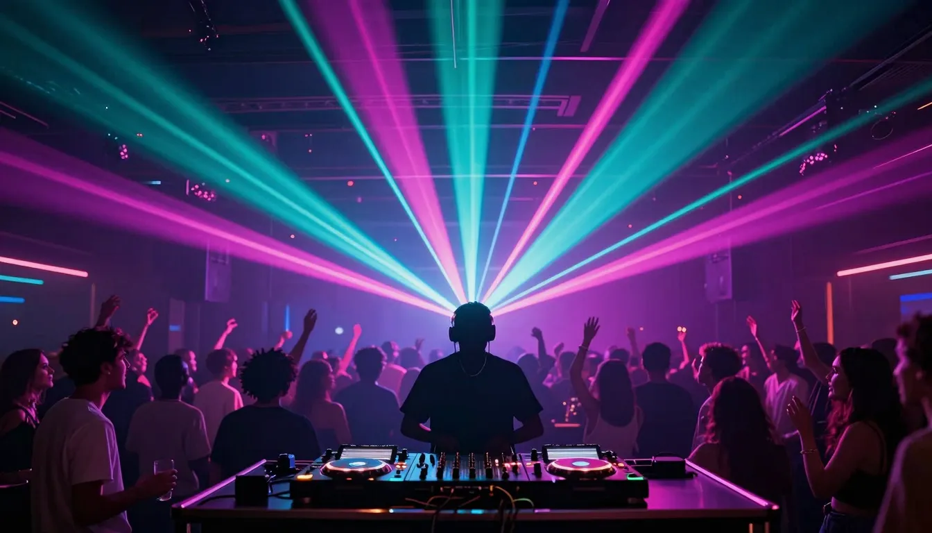 A high-end European night club interior, vibrant laser beams...