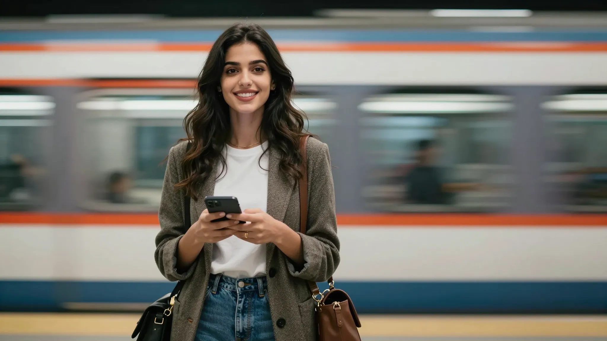 A beautiful young woman named Damira standing in a modern su...
