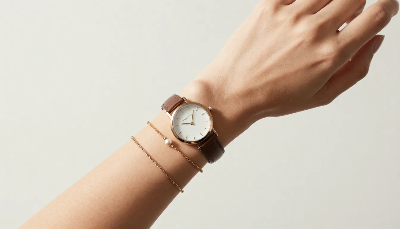A stylish woman's hand wearing a watch and several delicate ...