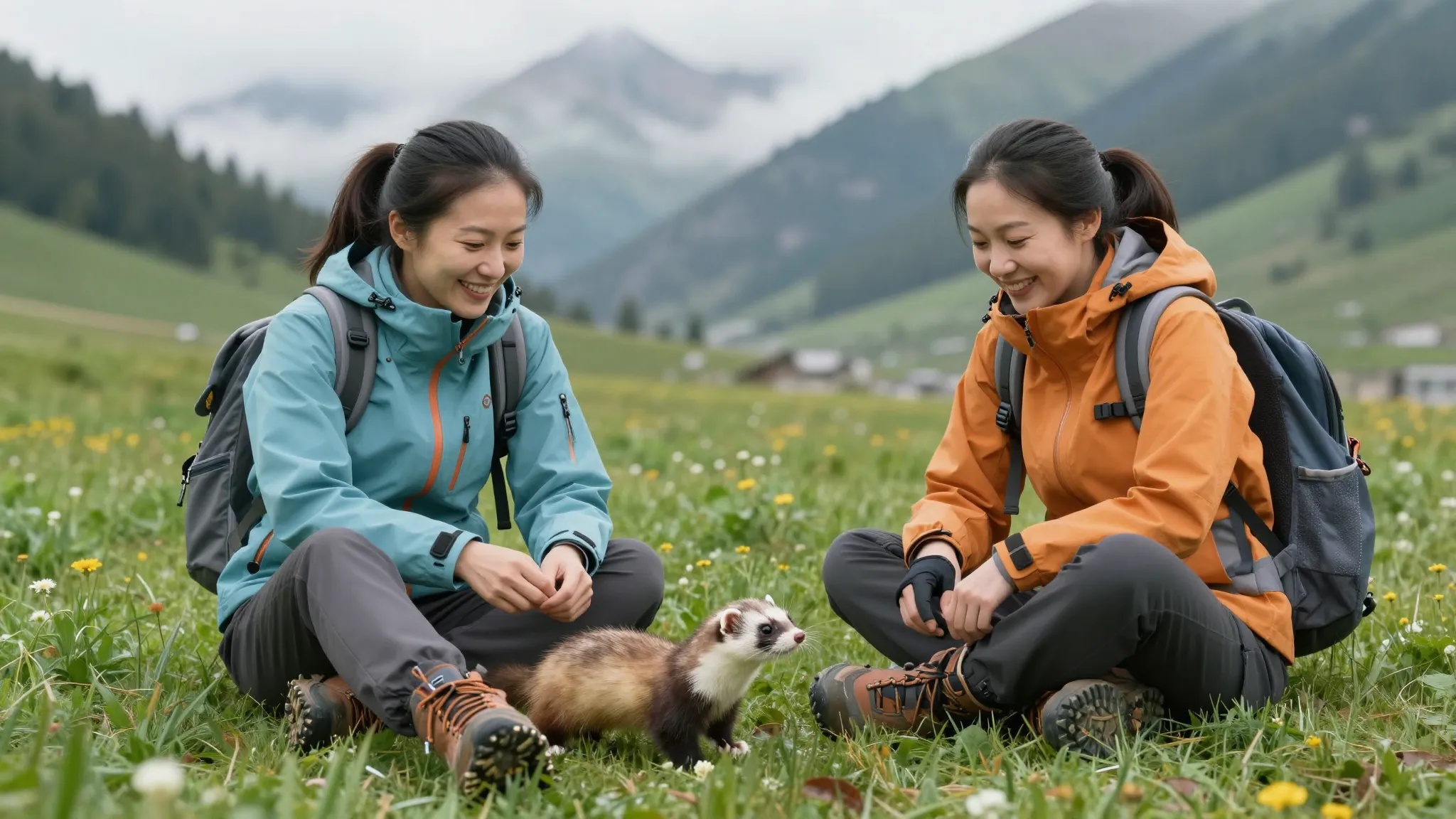 Two happy Asian women in hiking clothes sitting on a green a...
